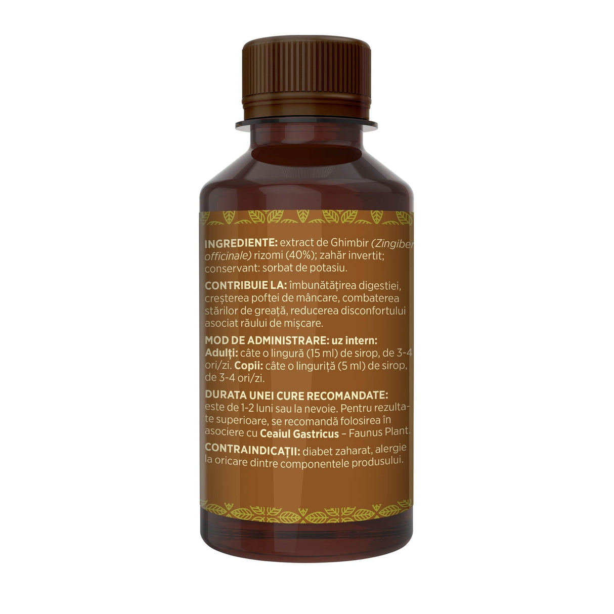 Imagine din lateral stânga al Siropului de Ghimbir 200 ml, cu detalii despre ingrediente, proprietăți, mod de utilizare, dar și contraindicații
