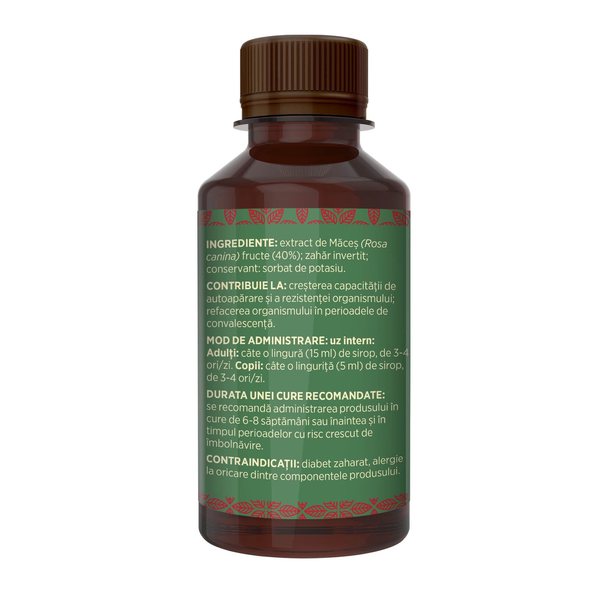 Imagine din lateral stânga al Siropului Măceșe 200 ml, cu detalii despre ingrediente, proprietăți, mod de utilizare, dar și contraindicații | Cantitate - 200ml