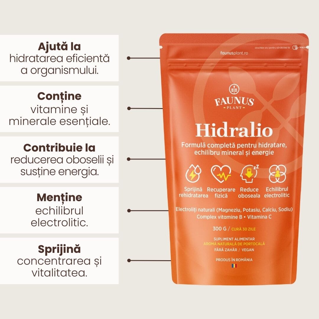 Hidralio Electroliți - Supliment cu electroliți pentru hidratare și echilibru mineral. Pudră 300g. Aromă de portocale Supliment alimentar Faunus Plant