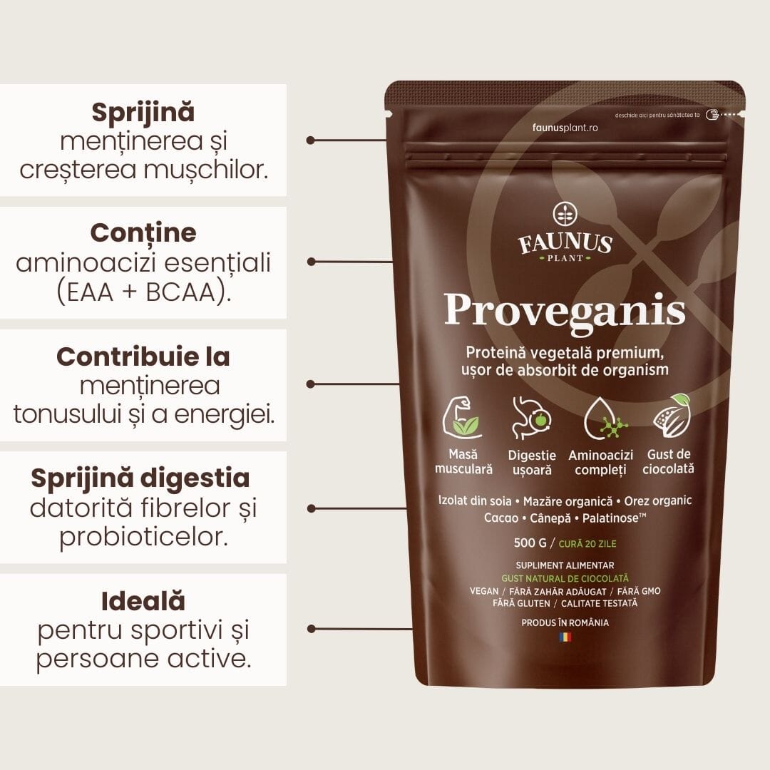 Proveganis - Proteină vegetală cu aromă de ciocolată. Amestec natural pentru energie și susținerea masei musculare. Pudră 500 g Supliment alimentar Faunus Plant