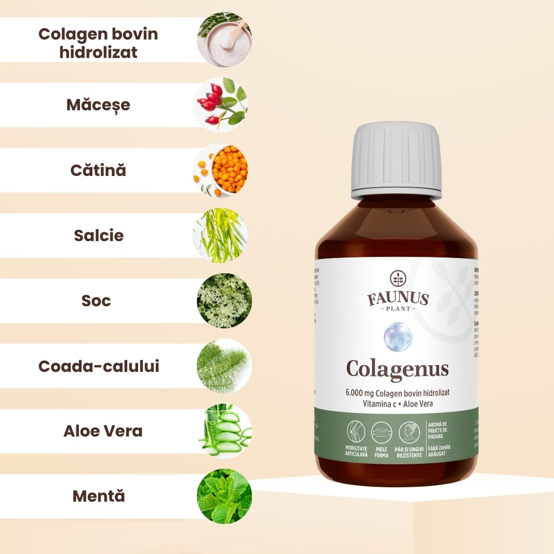 Colagenus - Colagen lichid hidrolizat. Flacon 250ml. Susține sănătatea articulațiilor, pielii, părului și unghiilor Supliment alimentar Faunus Plant