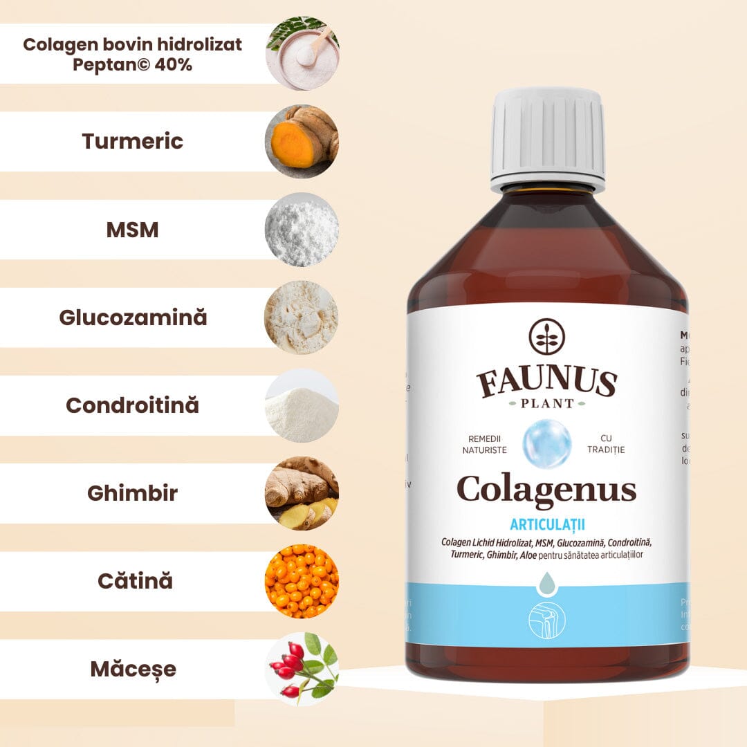 Sticlă de Colagenus Articulații de la Faunus Plant cu ingrediente enumerate, unul sub altul, având alături câte o imagine reprezentativă pentru fiecare ingredient.