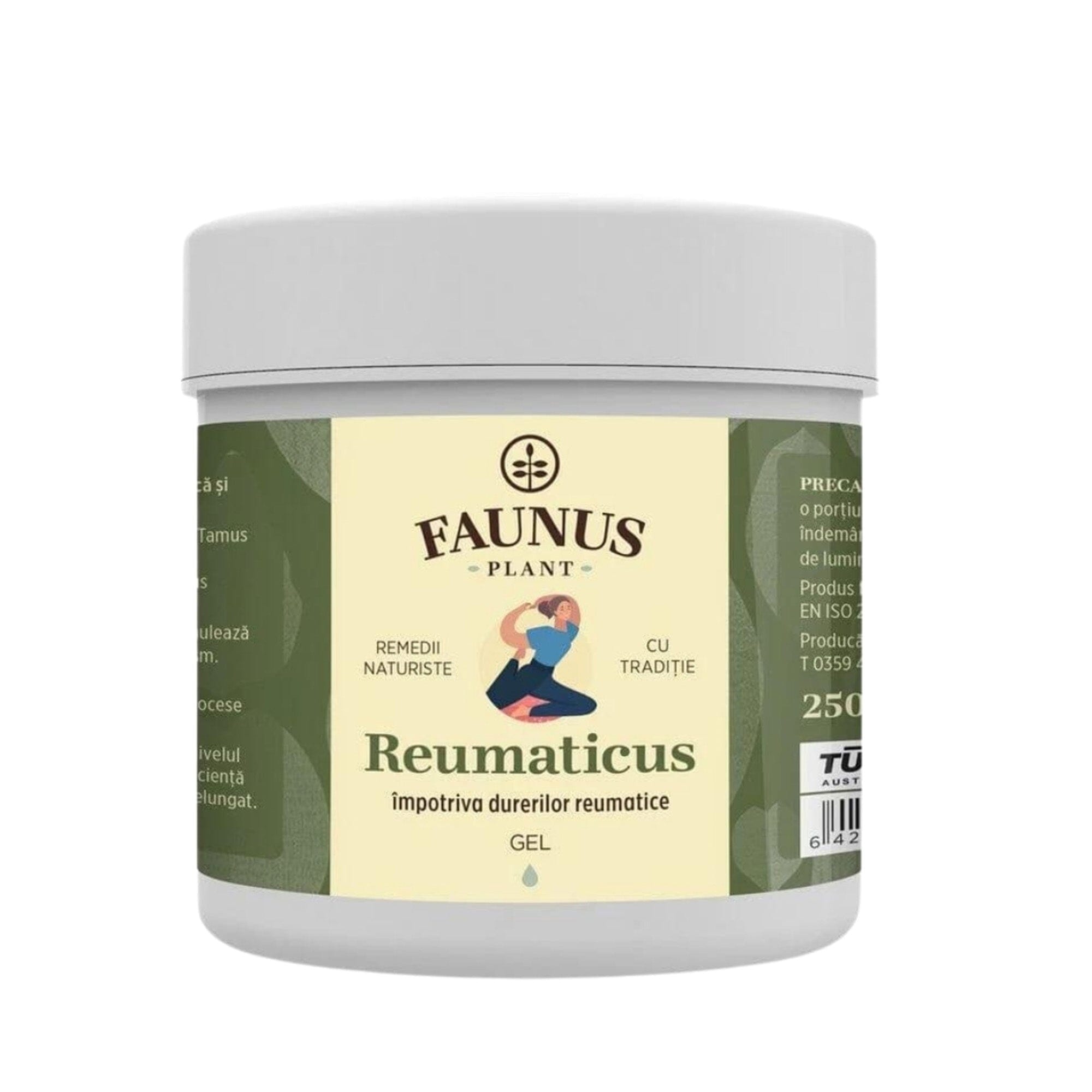Recipient Gel Reumaticus de la Faunus Plant, un produs natural pentru aplicare locală, destinat calmării durerilor articulare și musculare, cu ingrediente botanice active.