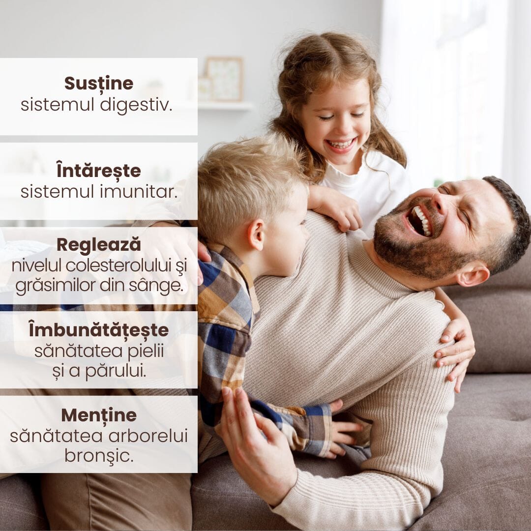 Lista beneficiilor Pachet Bitter fără alcool de la Faunus Plant: susține digestia, întărește imunitatea, reglează colesterolul și grăsimile, îmbunătățește sănătatea pielii și părului, menține sănătatea arborelui bronșic. Pe fundal este un tată fericit jucându-se cu copiii.