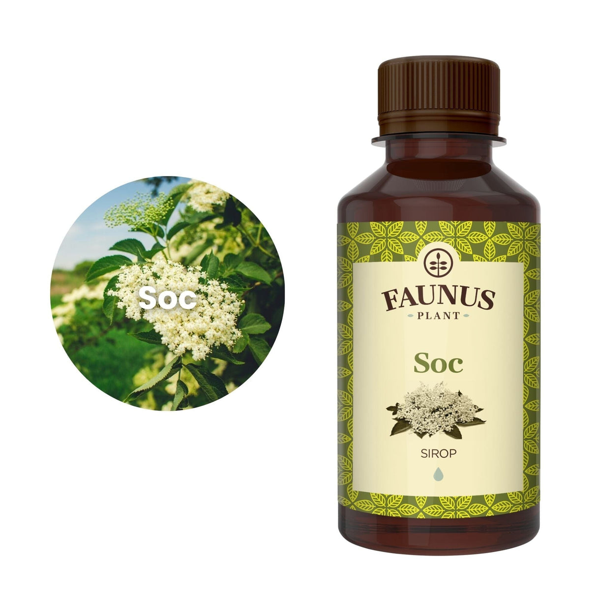 Imagine tip medalion cu ingredientul principal al Siropului de Soc 200ml, având pe mijloc textul Soc scris cu alb, iar în partea dreaptă flaconul de sirop