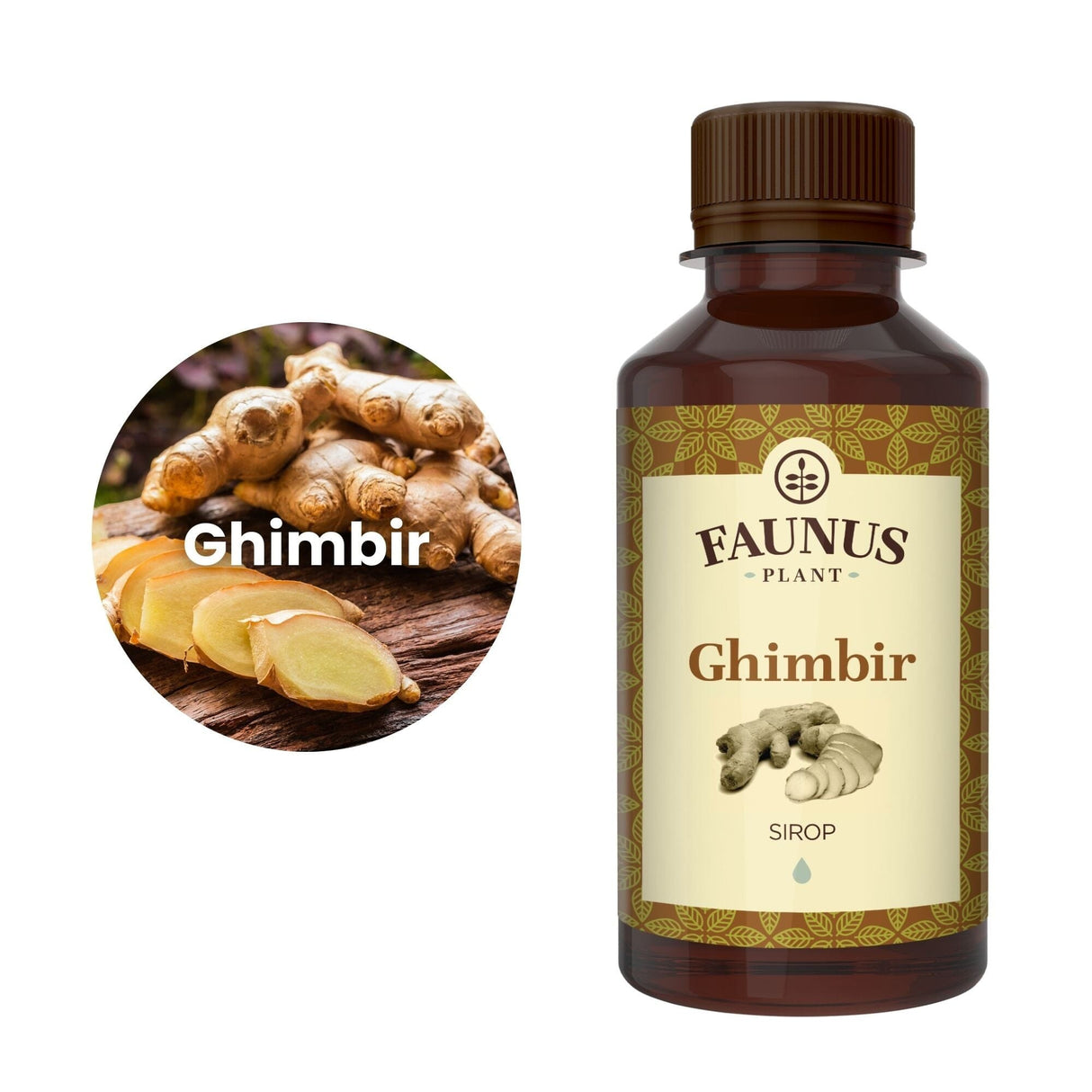 Imagine trunchiată într-o formă de cerc a ingredientului principal al Siropului Ghimbir 200ml de la Faunus Plant, și anume ghimbir, în chenar alb, având în partea dreaptă sticluța