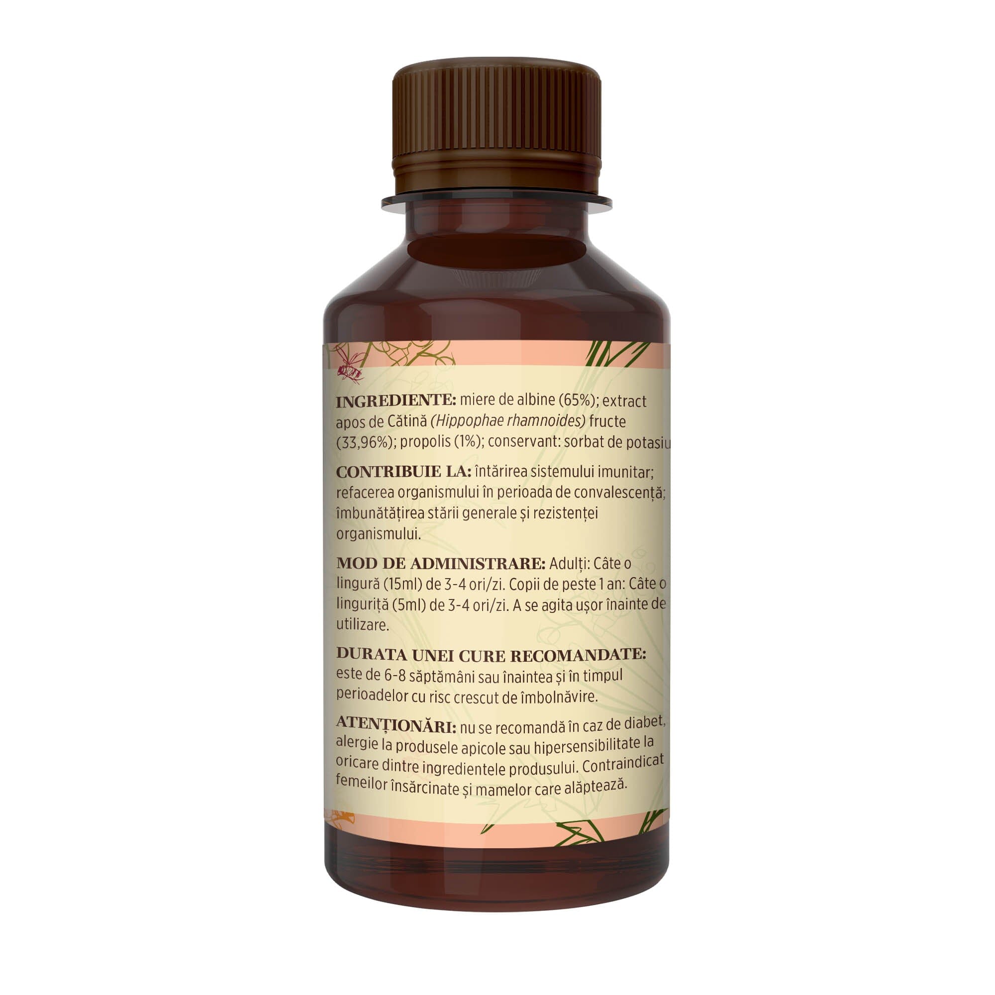 Imagine din lateral stânga al siropului de Cătină cu Miere și Propolis, cu detalii despre ingrediente, proprietăți, mod de utilizare, contraindicații și precauții.