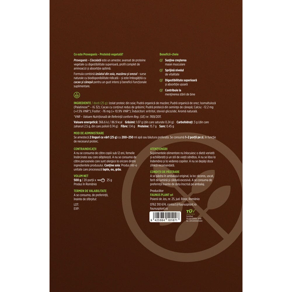 Etichetă desfășurată spate pentru Proveganis de la Faunus Plant, cu informații despre supliment, beneficii-cheie, listă completă de ingrediente, administrare, contraindicații, atenționări, volum net, termen de valabilitate, condiții de păstrare, producător, cod de bare și logo TUV Austria.