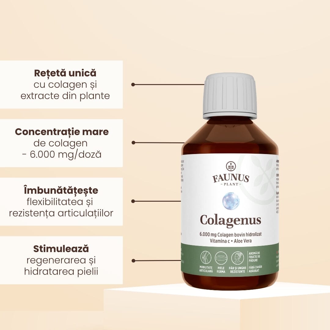 Colagenus - Colagen lichid hidrolizat. Flacon 250ml. Susține sănătatea articulațiilor, pielii, părului și unghiilor Supliment alimentar Faunus Plant