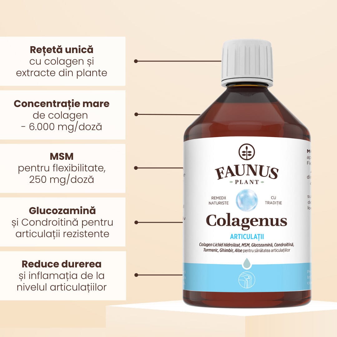 Sticlă de Colagenus Articulații de la Faunus Plant cu beneficii explicate, unul sub altul, inclusiv ingrediente precum MSM și Glucozamină.