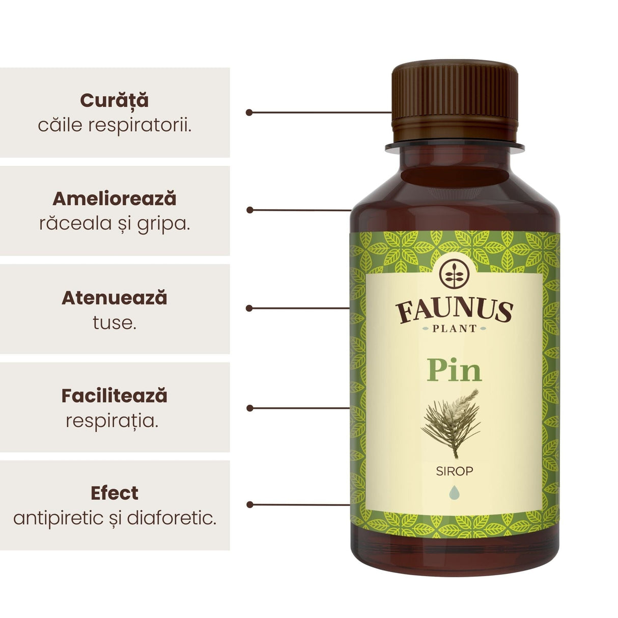 Sirop de Pin de la Faunus Plant de 200 ml, alături de o listă de beneficii precum curățarea căilor respiratorii, ameliorarea răcelii și a gripei, ameliorarea tusei, facilitarea respirației și efect antiseptic.