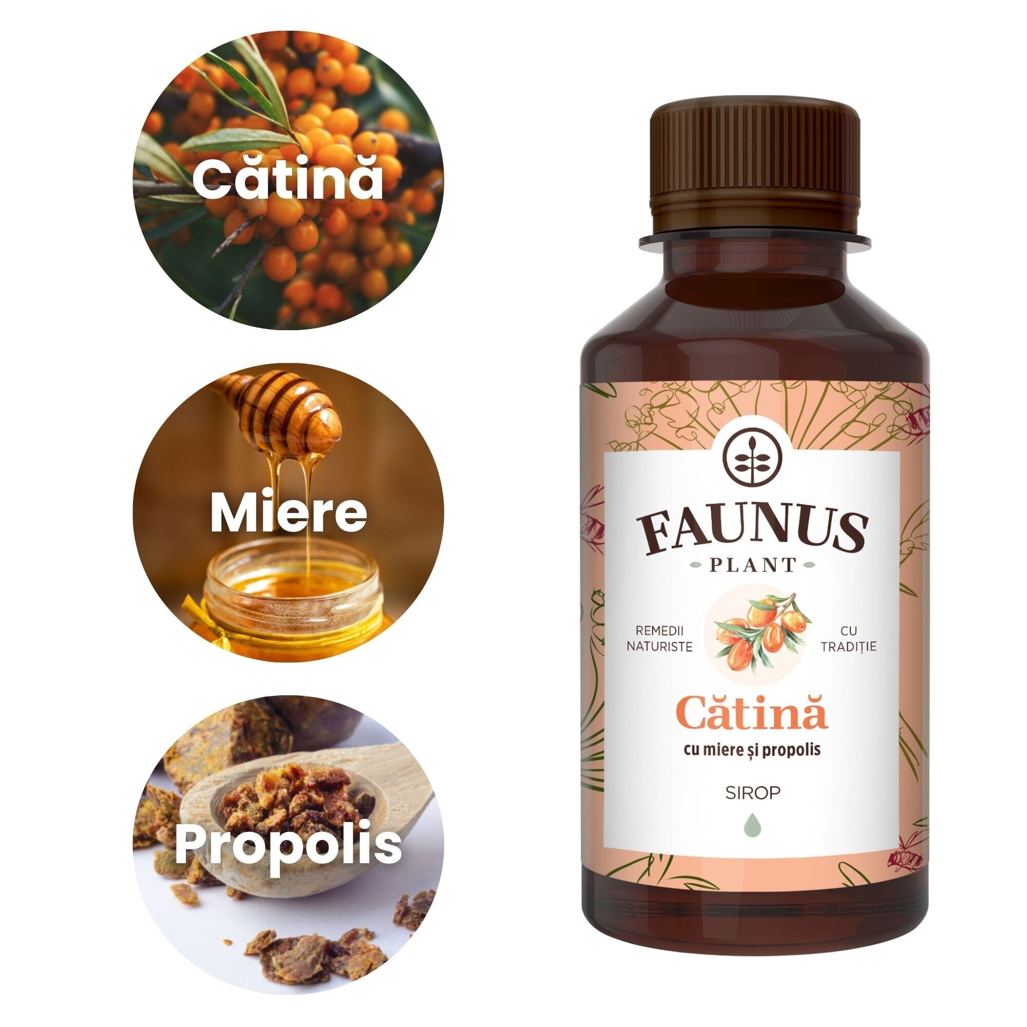 Imagini cu ingredientele principale ale siropului de Cătină cu Miere și Propolis, și anume cătina, mierea și propolisul, toate așezate în ordinea descrisă, în chenar alb, având în partea dreaptă flaconul de sirop