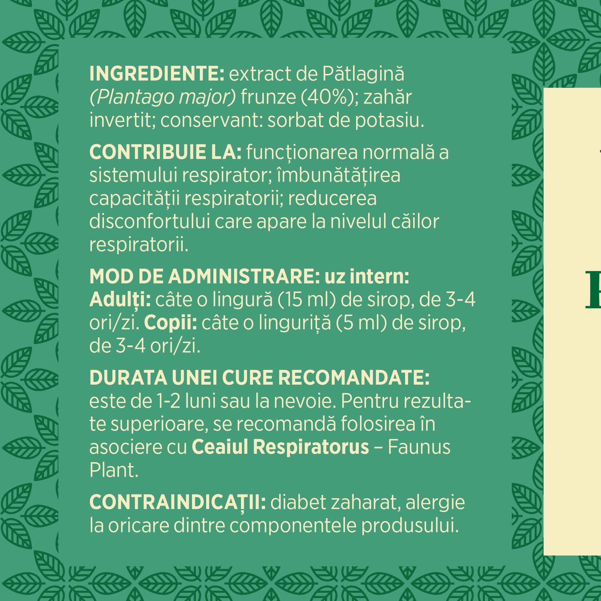 Eticheta desfășurată stânga cu ingredientele Sirop de Pătlagină 200ml, mod de administrare, durata unei cure recomandate și contraindicații pentru utilizatori. | Cantitate - 200ml
