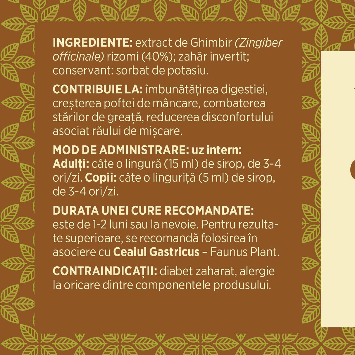 Eticheta desfășurată stânga cu ingredientele Siropului de Ghimbir 200ml, mod de administrare, durata unei cure recomandate și contraindicații pentru utilizatori.