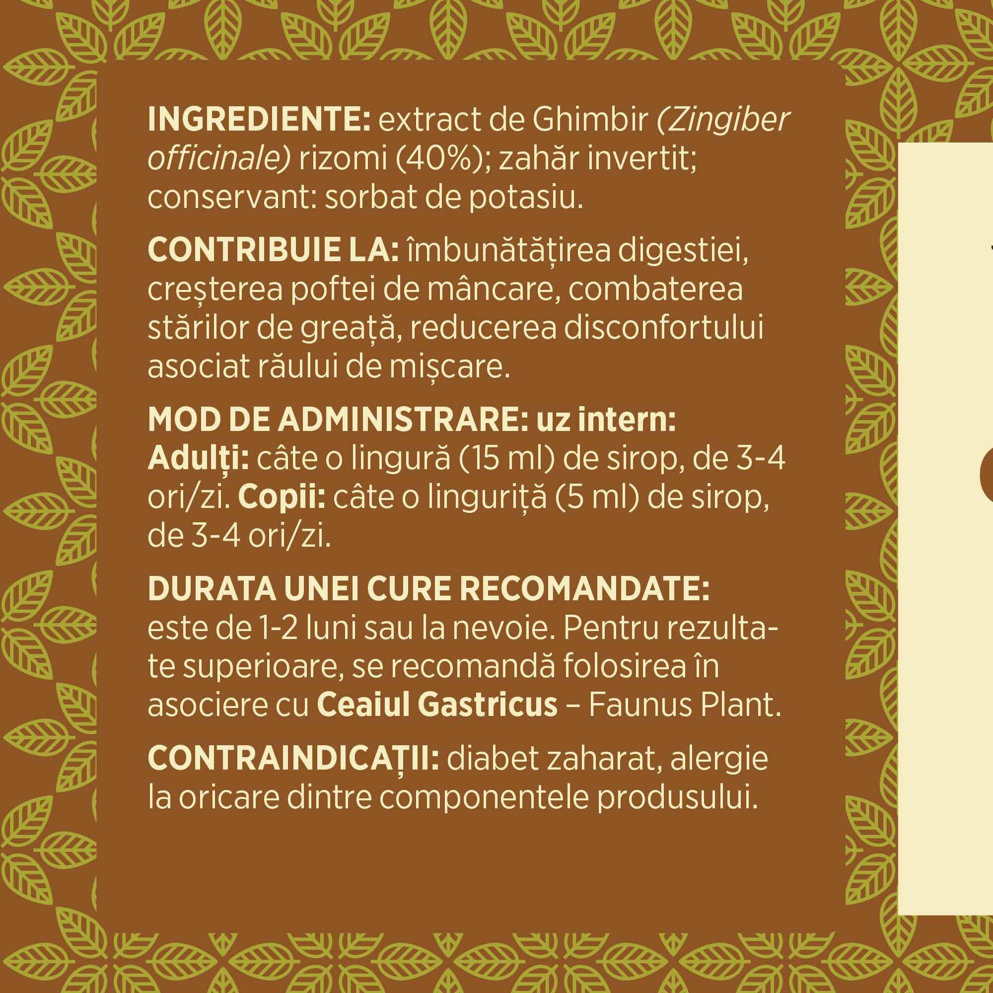 Eticheta desfășurată stânga cu ingredientele Siropului de Ghimbir 200ml, mod de administrare, durata unei cure recomandate și contraindicații pentru utilizatori. | Cantitate - 200ml