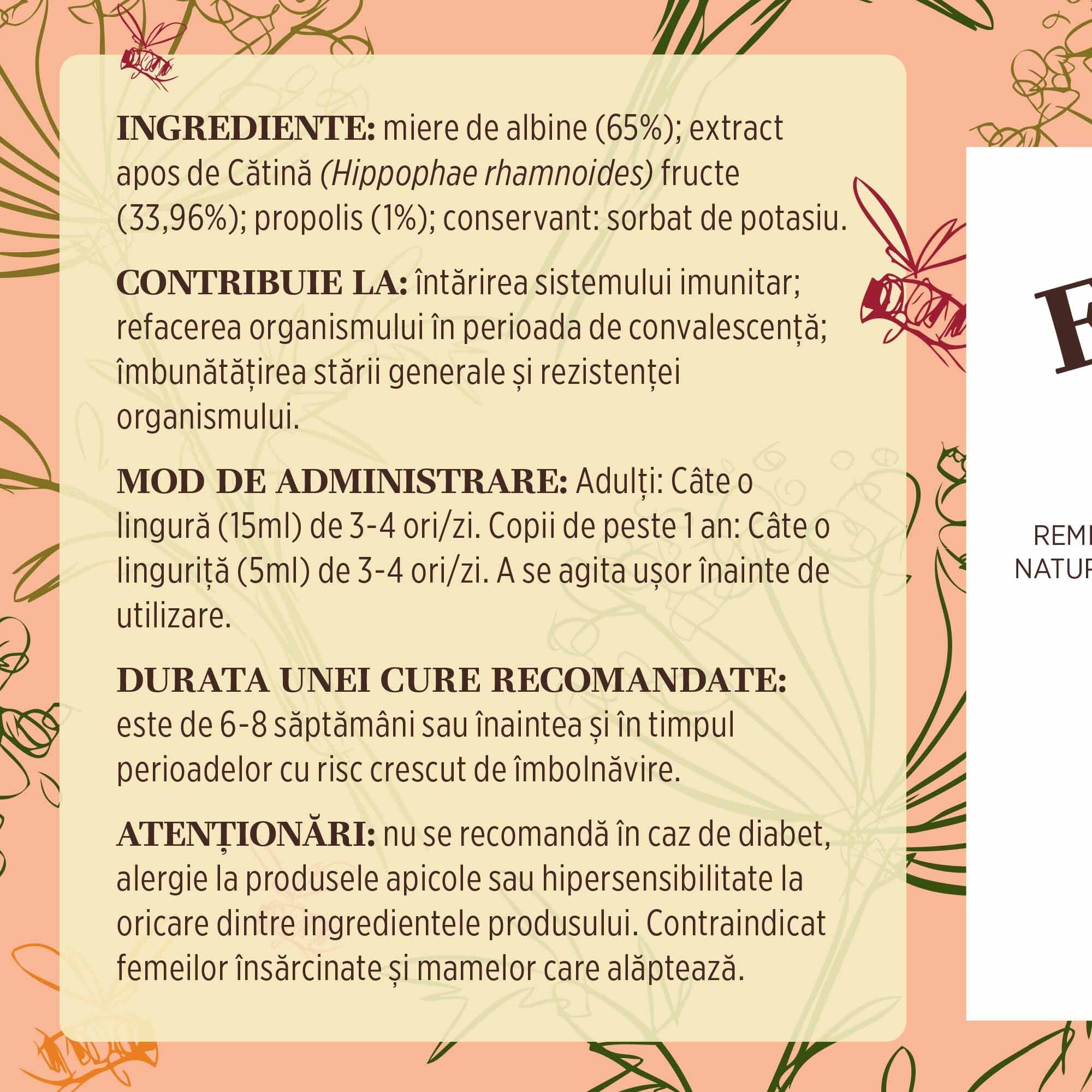 Eticheta desfășurată stânga cu ingredientele Siropului de Cătină cu Miere și Propolis, mod de administrare, durata unei cure recomandate și contraindicații pentru utilizatori.