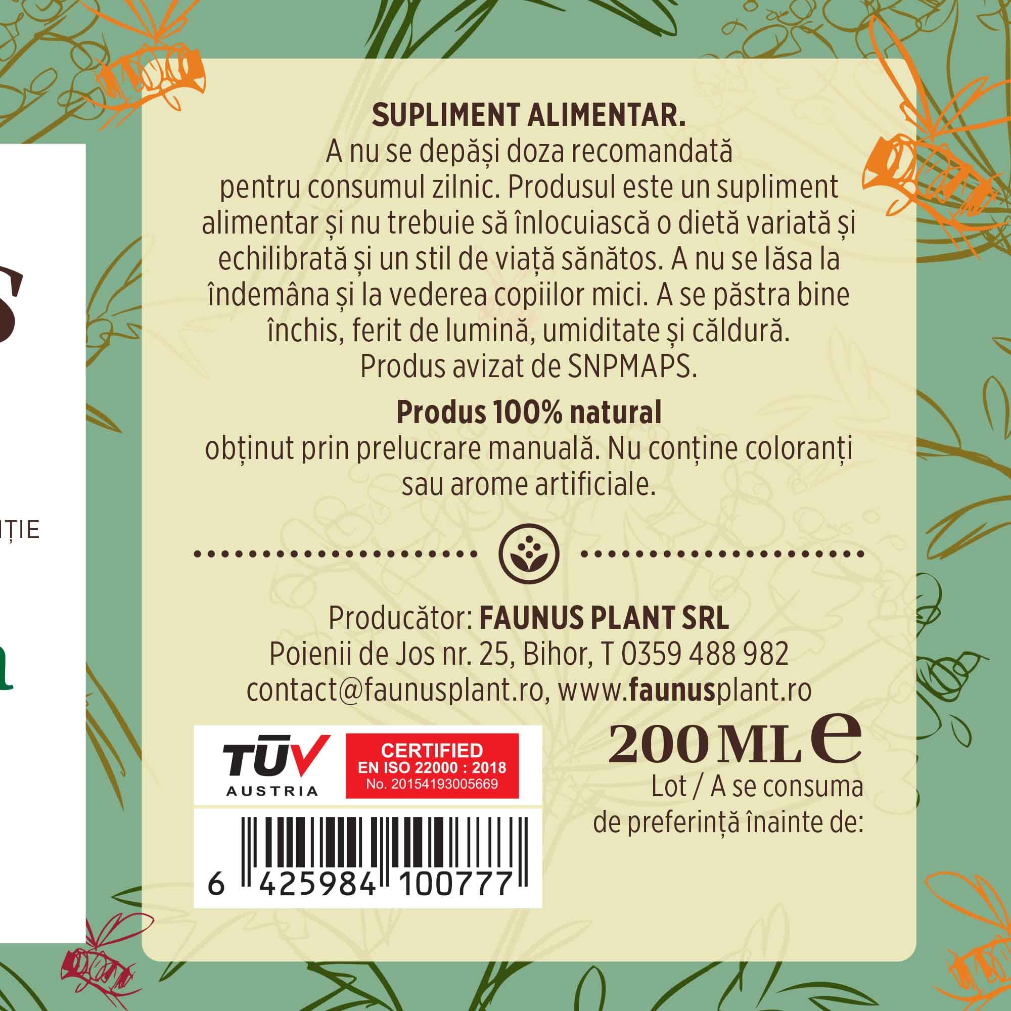 Etichetă dreapta desfășurată pentru Sirop Pătlagină cu Miere și Propolis 200ml care oferă recomandări și precauții și sublinează faptul că produsul are certificare TUV Austria, apare logo-ul, un cod de bare și termenul de valabilitate