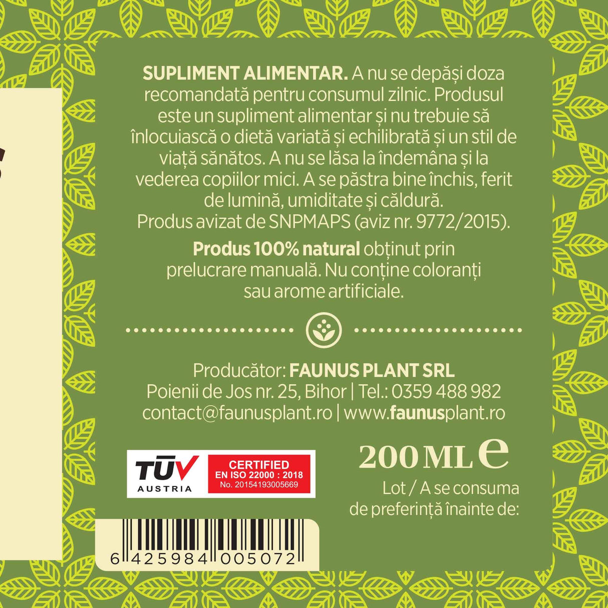 Etichetă desfășurată pentru Sirop Pin 200ml care oferă recomandări și precauții și sublinează faptul că produsul are certificare TUV Austria, apare logo-ul, un cod de bare și termenul de valabilitate