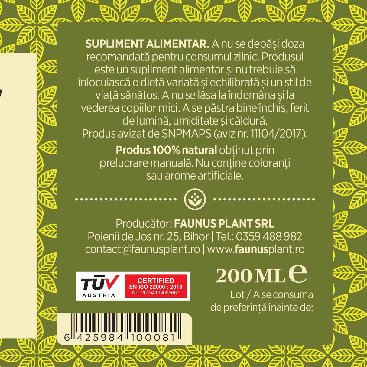 Etichetă dreapta desfășurată pentru Sirop Soc 200ml care oferă recomandări și precauții și sublinează faptul că produsul are certificare TUV Austria, apare logo-ul, un cod de bare și termenul de valabilitate