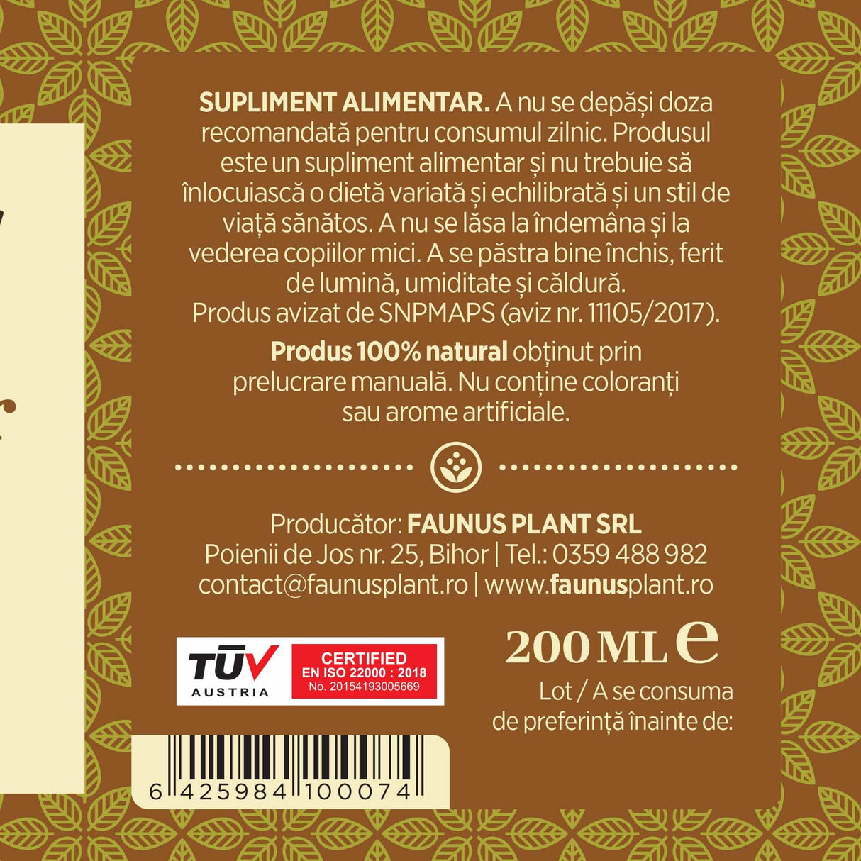 Etichetă dreapta desfășurată pentru Sirop Ghimbir 200ml care oferă recomandări și precauții și sublinează faptul că produsul are certificare TUV Austria, apare logo-ul, un cod de bare și termenul de valabilitate
