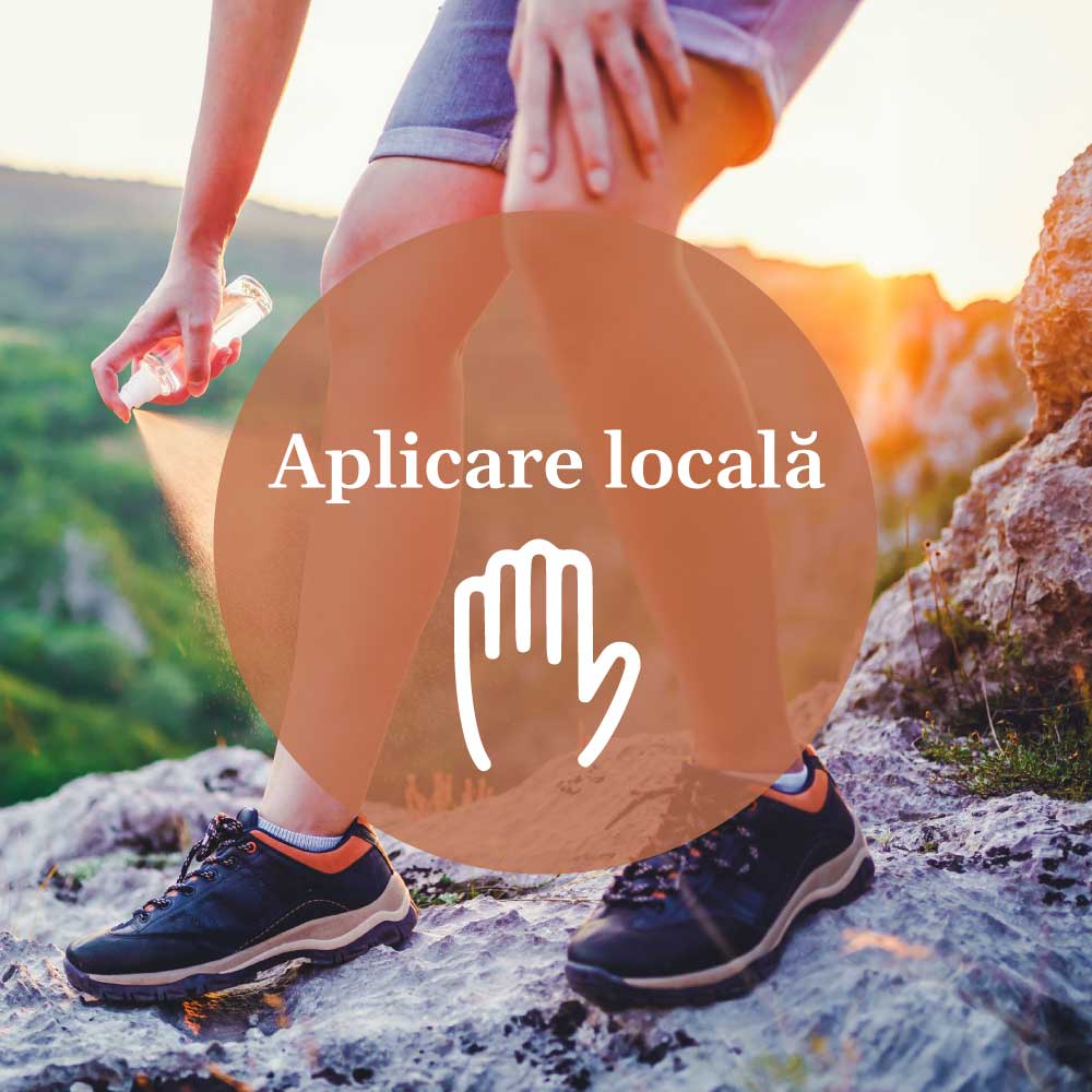 Imagine ilustrativă cu o persoană care aplică local loțiunea Țântaricus pe picioare în aer liber, evidențiind utilizarea sa ca protecție împotriva insectelor.