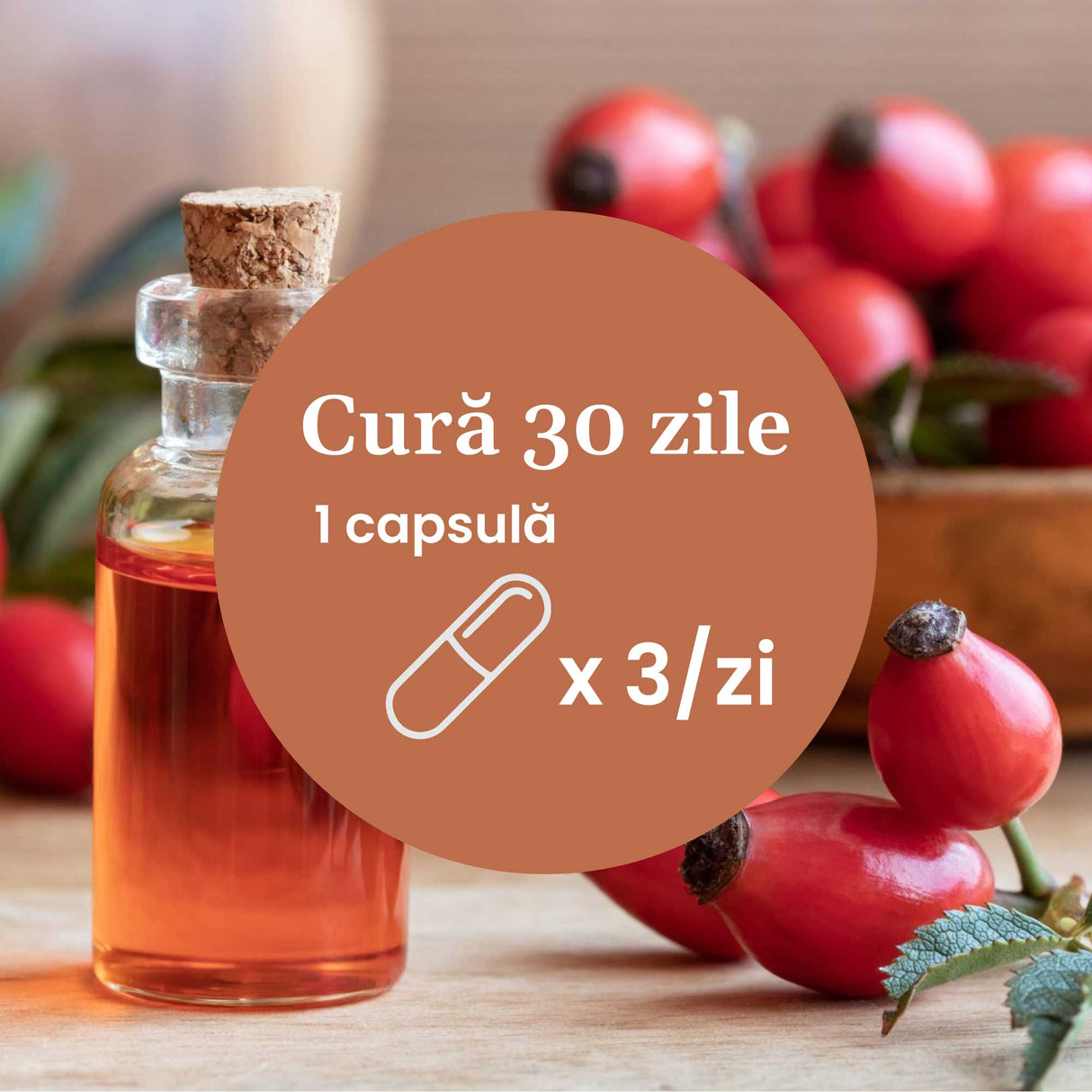 Element grafic circular afișat pe mijloc cu un text despre cura de 30 de zile cu Vitamina C Capsule, sugerând 1 capsulă de 3 ori pe zi.