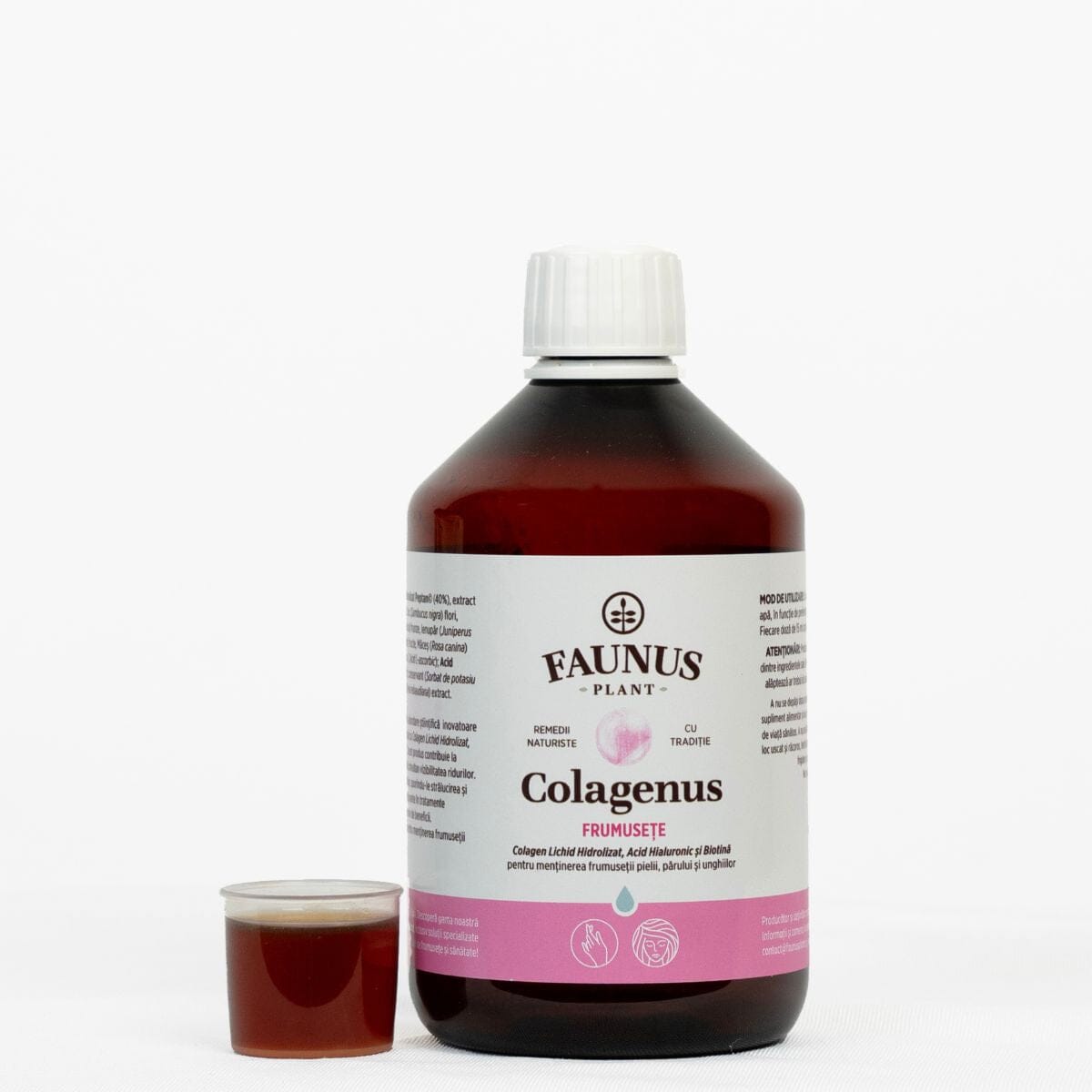 Sticlă de Colagenus Frumusețe de la Faunus Plant pe fundal alb, având alături un capac cu dozator care conține 15ml colagen lichid.