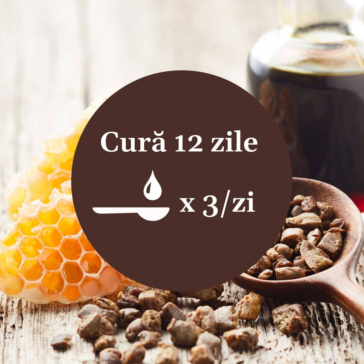 Imagine de fundal cu un fagure de miere și propolis, cu un element grafic circular de culoare maro cu un text în mijloc despre cura de 12 zile cu Sirop Cătină cu Miere și Propolis, sugerând 1 linguriță de 3 ori pe zi.