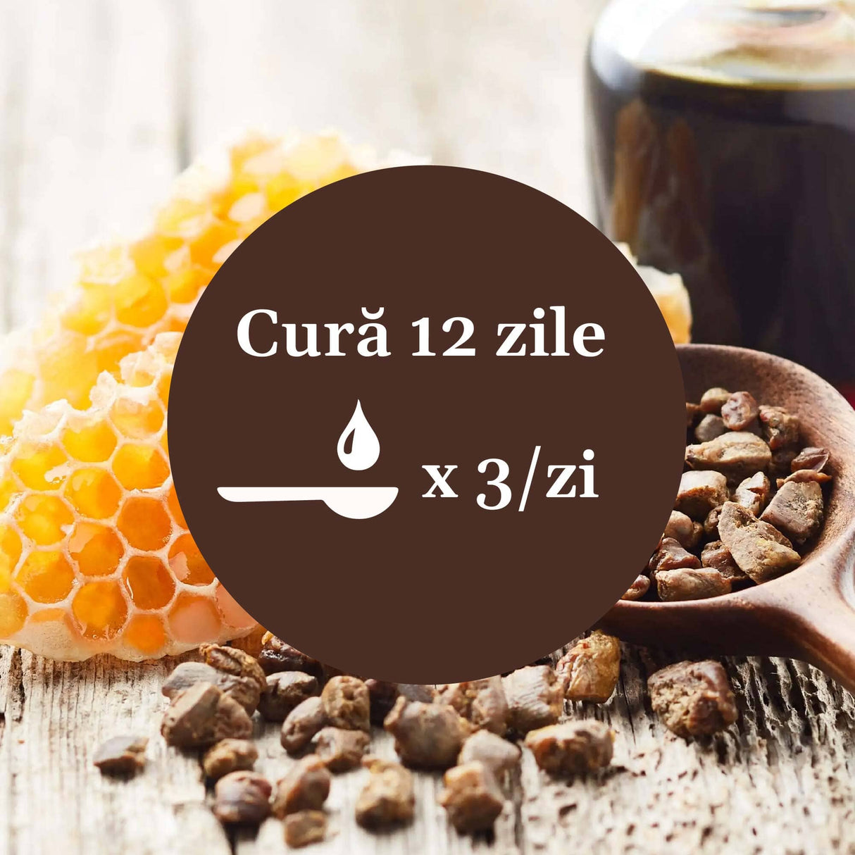 Imagine de fundal cu fagure de miere și propolis, având un element grafic circular de culoare maro cu un text în mijloc despre cura de 12 zile cu Sirop Vitaminizantus cu Miere și Propolis 200ml, sugerând 1 linguriță de 3 ori pe zi.