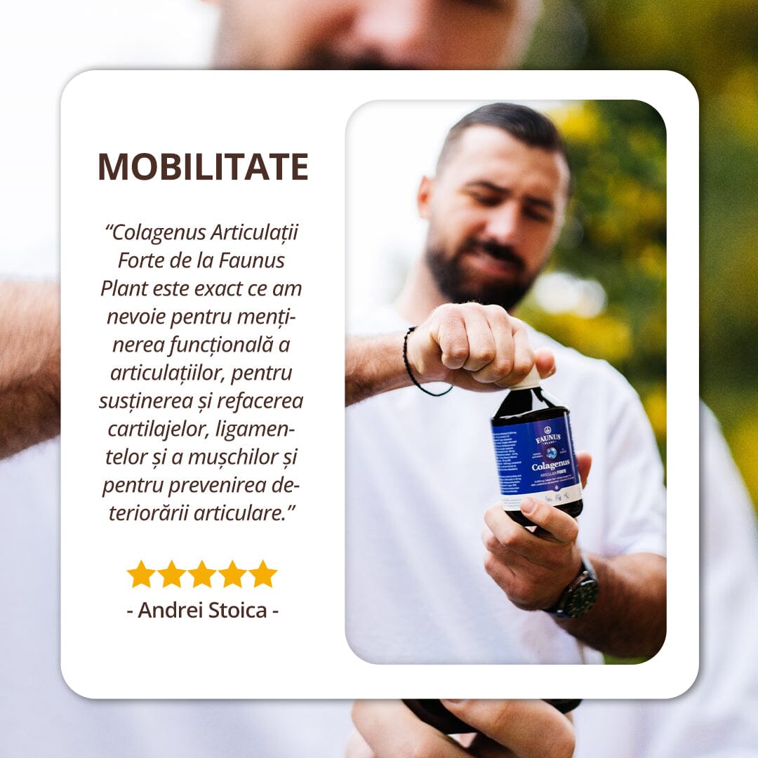 Colagenus Articulații Forte - Colagen lichid concentrat, 12.000mg colagen tip 1 și 40mg colagen tip 2. Flacon 500ml. Susține sănătatea articulațiilor, reducerea inflamațiilor și durerii reumatice, refacerea mușchilor și ligamentelor Supliment alimentar Faunus Plant