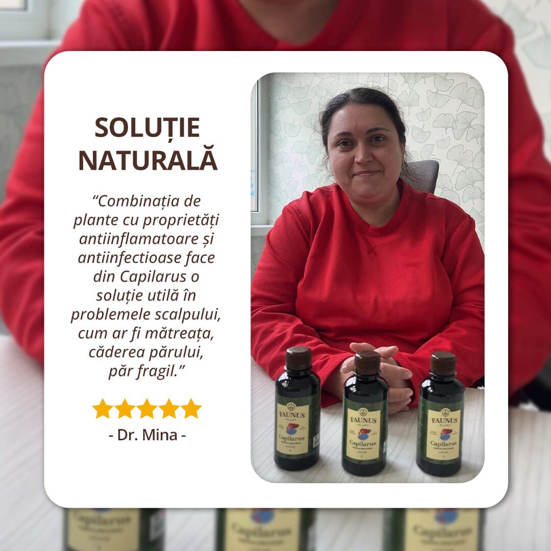 Capilarus - Loțiune. Flacon 200ml. Extract din 8 plante medicinale anticădere pentru păr sănătos și strălucitor Tinctura Compusa Faunus Plant