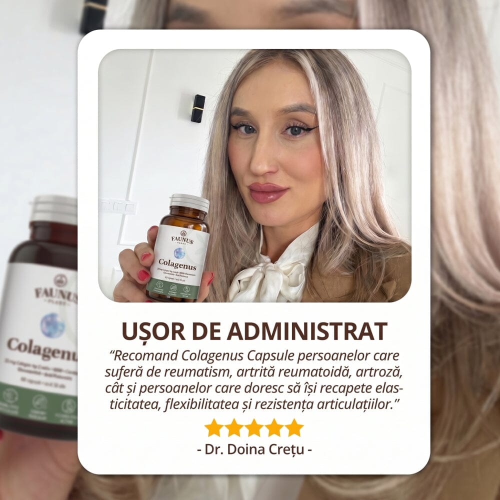 Colagenus Capsule - Colagen concentrat tip II, acid hialuronic și plante medicinale. Dureri articulare, rezistență articulații, flexibilitate - 60 Capsule Supliment alimentar Faunus Plant