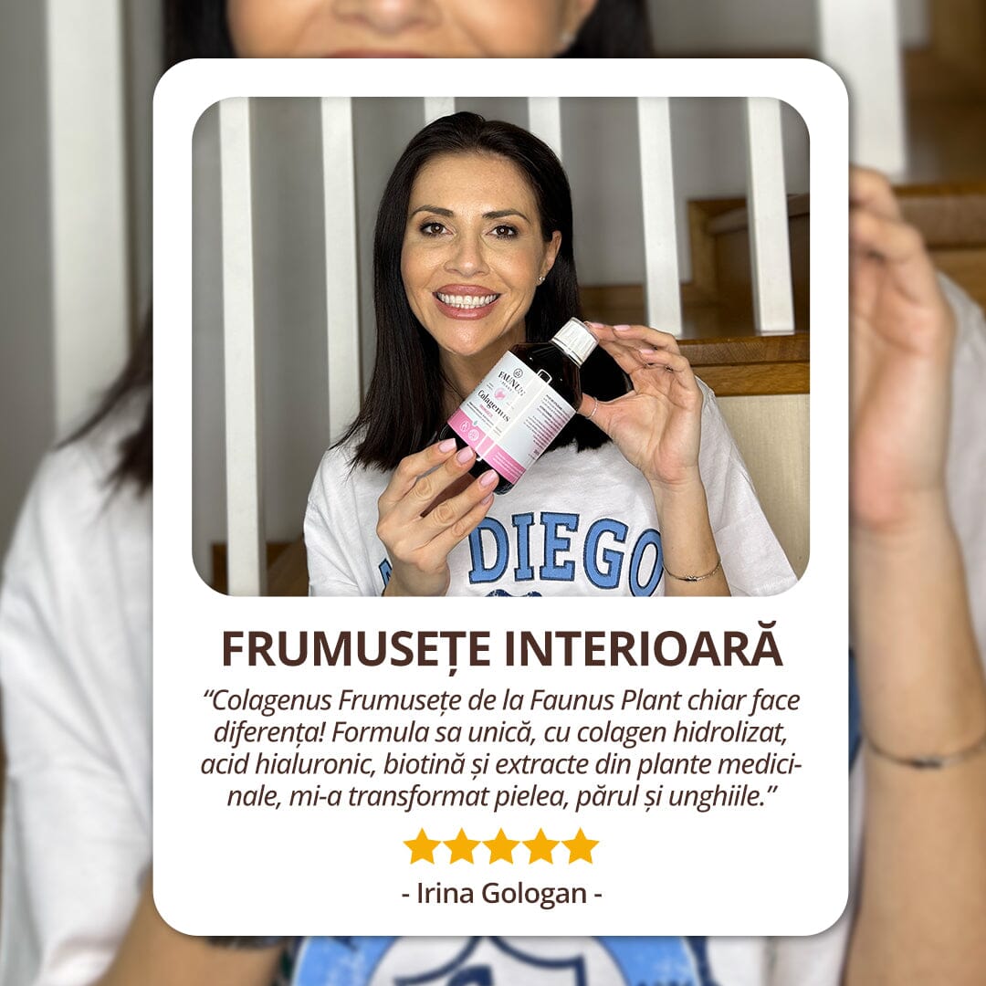 Colagenus Frumusețe - Colagen lichid hidrolizat cu acid hialuronic și biotină. Flacon 500ml. Susține sănătatea și frumusețea pielii, unghiilor și părului. Reduce ridurile și căderea părului. Întărește unghiile Supliment alimentar Faunus Plant