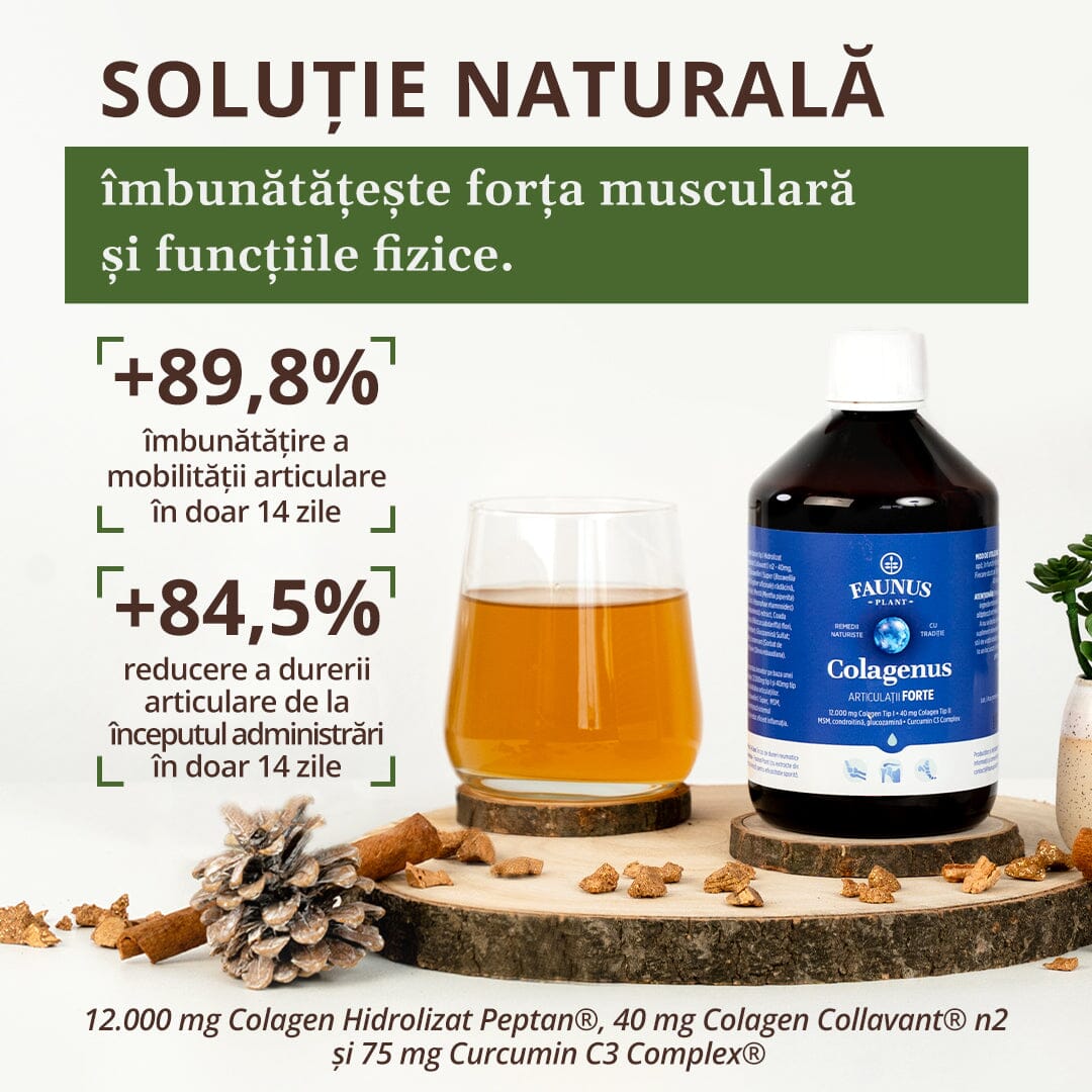Sticlă Colagenus Articulații Forte de la Faunus Plant, alături de un pahar cu lichid portocaliu, pe fundal alb cu elemente naturale. Textul evidențiază beneficiile dovedite clinic: +49% îmbunătățiri la flexia genunchiului și +37% îmbunătățiri la extensia genunchiului, datorită formulei cu 12.000 mg colagen Peptan®, colagen Collavant® n2 și curcumin C3 Complex®.