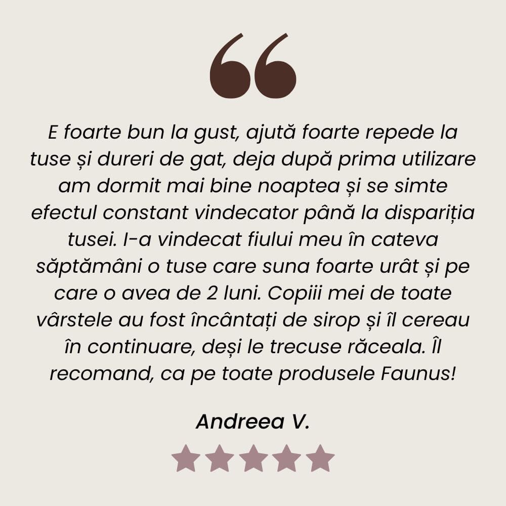 Recenzie client SiropRespiratorus cu Miere și Propolis pentru întărirea imunității și protejarea căilor respiratorii de la Faunus Plant.