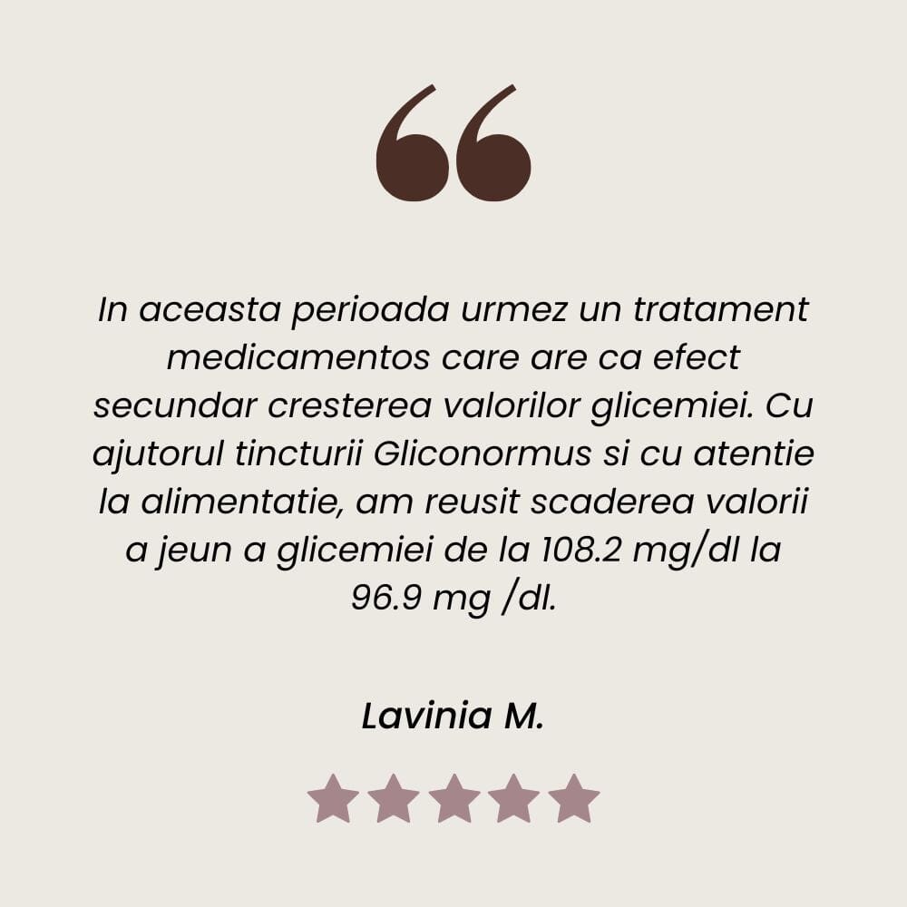 Testimonial client la Tinctură Gliconormus din 7 plante medicinale care ajută la reglarea glicemiei de la Faunus Plant.