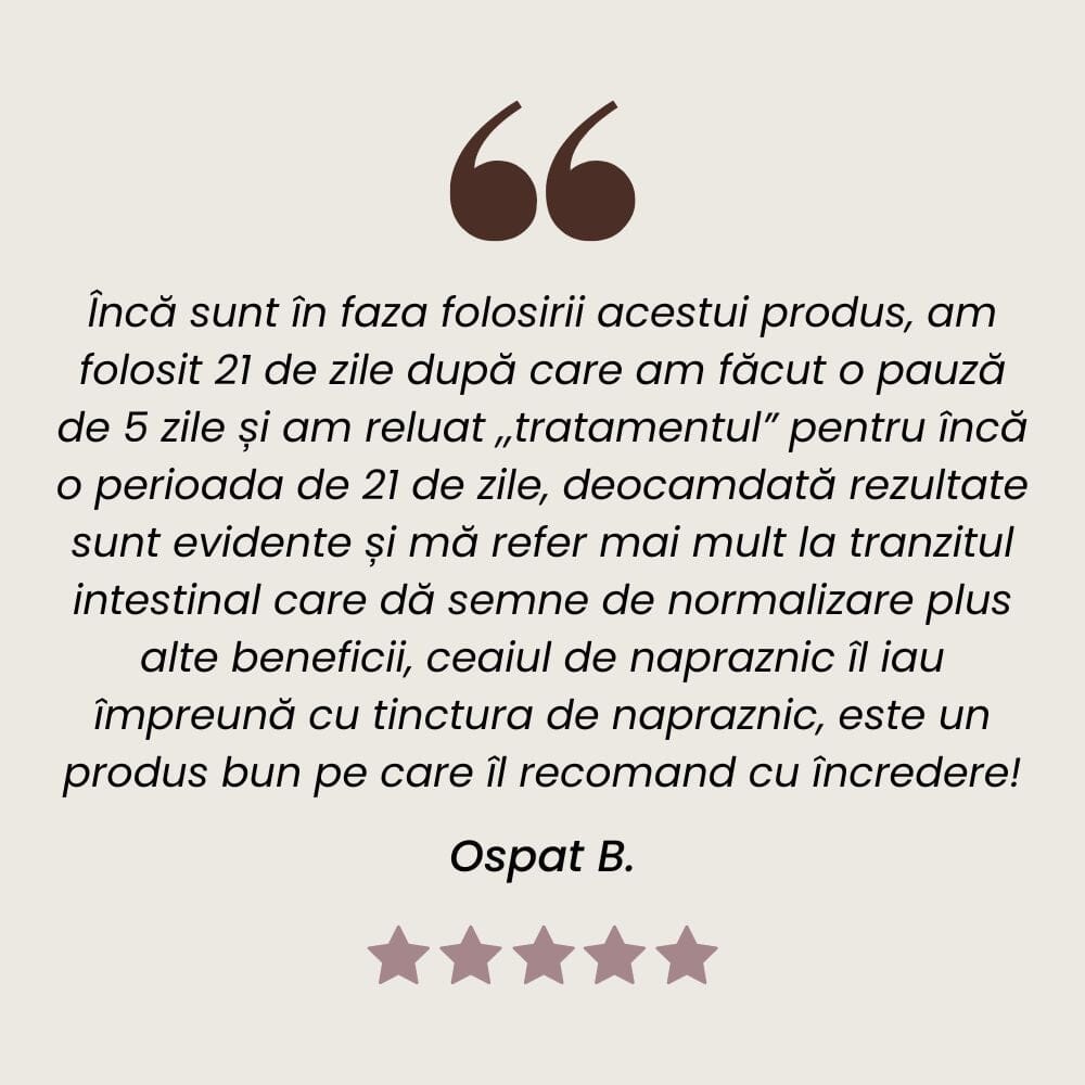 Recenzie client la Tinctură de Năpraznic pentru echilibrare hormonală și vitalitate crescută de la Faunus Plant.
