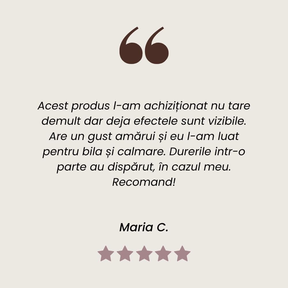 Testimonial client la Tinctură de Obligeană pentru indigestii de la Faunus Plant.