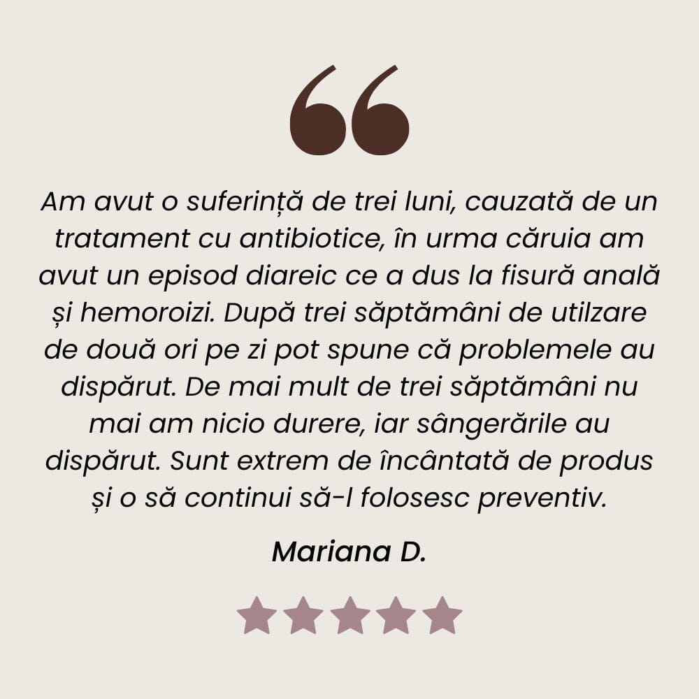 Testimonial client Unguent Hemorodalus cu efect cicatrizant și antiinflamator pentru hemoroizi și fisuri anale de la Faunus Plant.