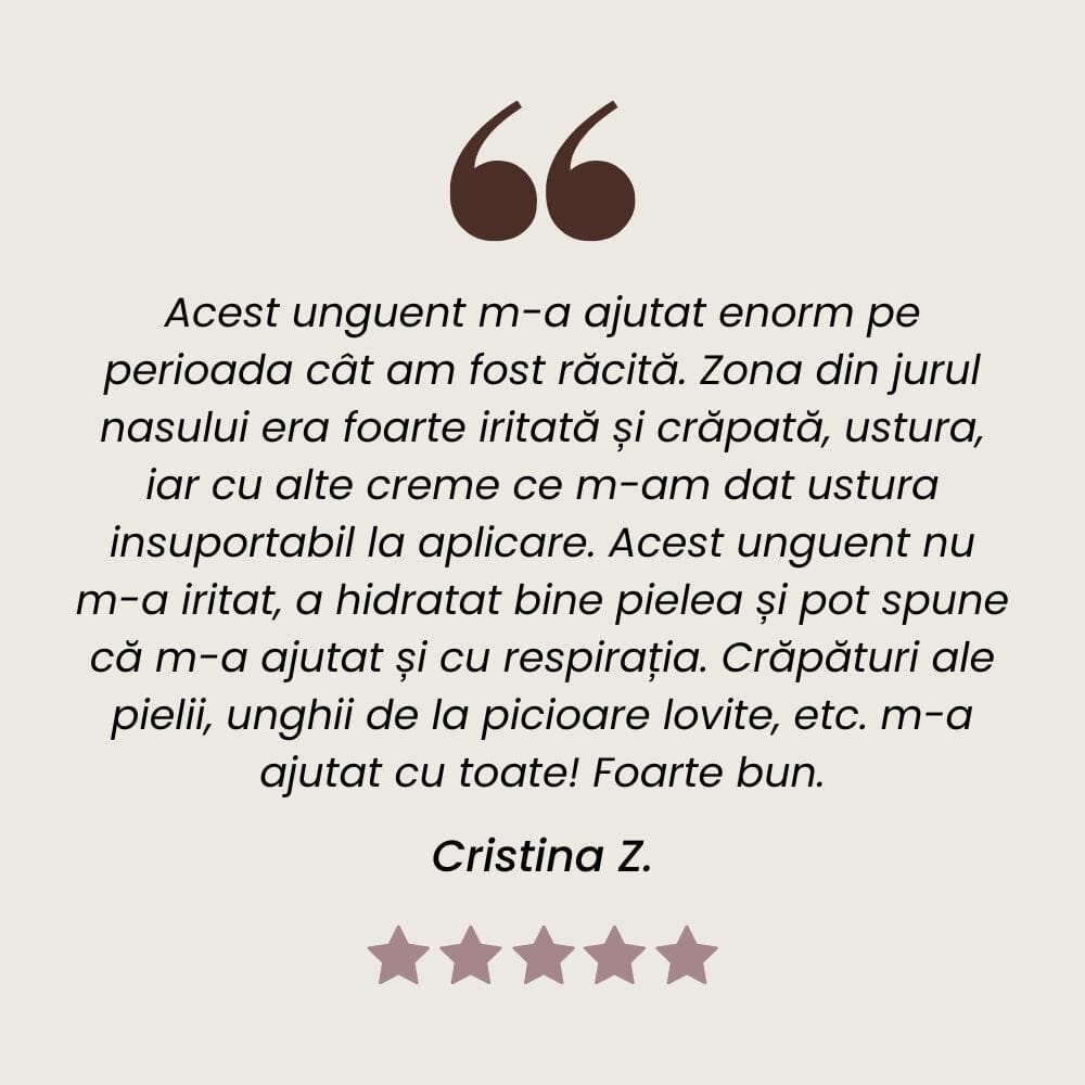 Testimonial client despre Unguent cu Mărul Lupului pentru eczeme, varice și acnee de la Faunus Plant.