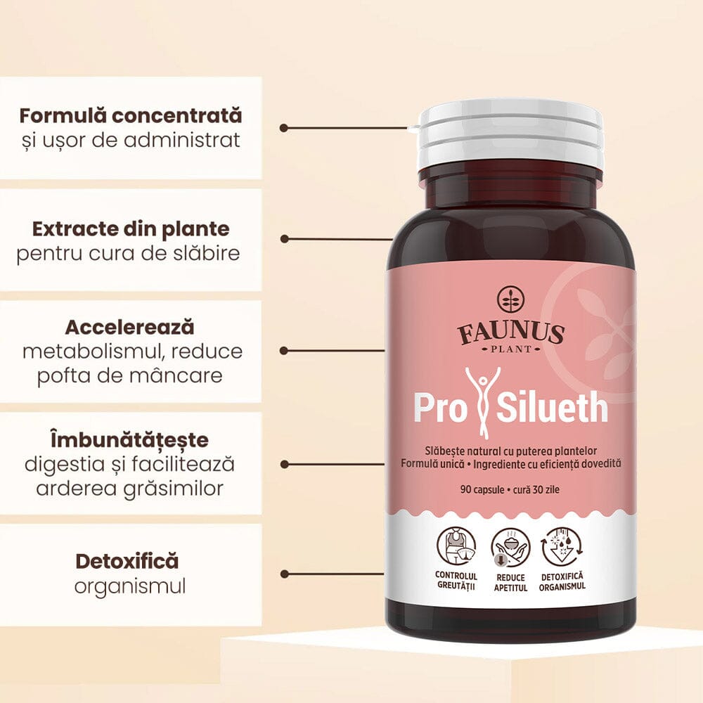 ProSilueth Capsule - Formulă unică pentru cura de slăbire, plante medicinale cu acțiune dovedită pentru accelerarea metabolismului, arderea grăsimilor, reducerea apetitului și detoxifierea organismului - 90 capsule Supliment alimentar Faunus Plant