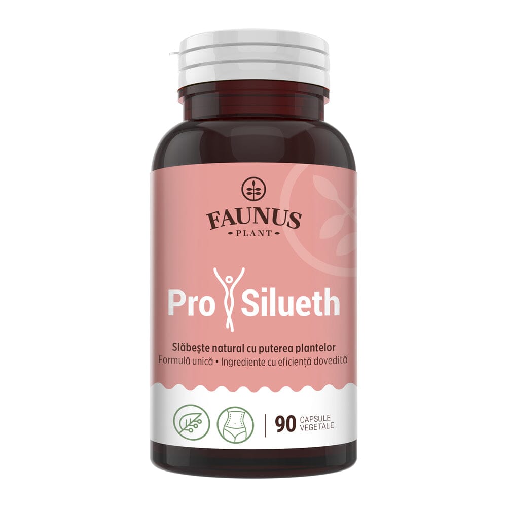 Flacon ProSilueth Capsule de la Faunus Plant, vedere frontală, cu etichetă vizibilă, de culoare roz.