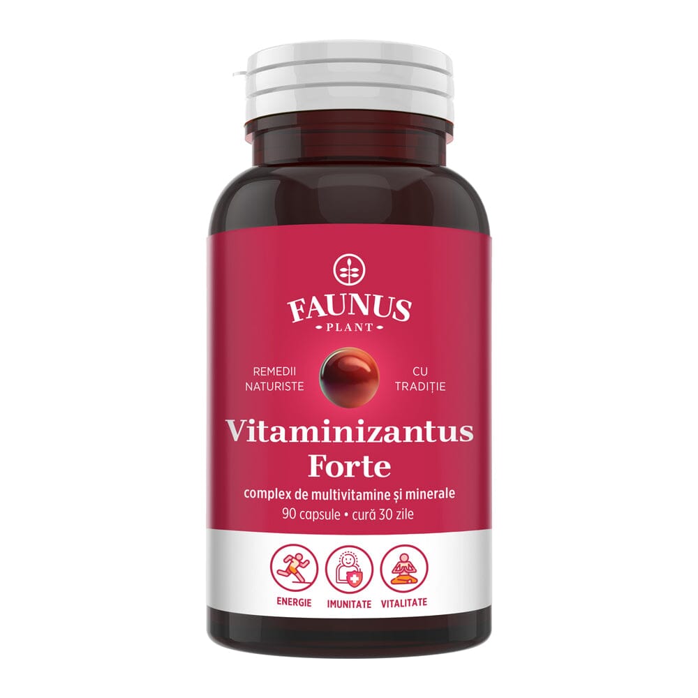 Capsule Vitaminizantus de la Faunus Plant, cu etichetă vizibilă, de culoare roșie, cu logo și informații despre imunitate și energie