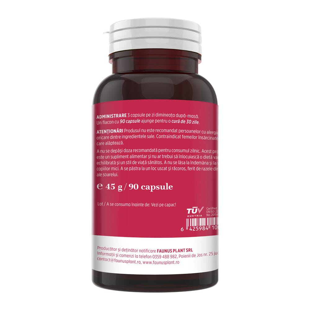 Vedere laterală dreapta a flaconului de capsule Vitaminizantus de la Faunus Plant, afișând informații atât despre modul de administrare, cât și despre atenționări.