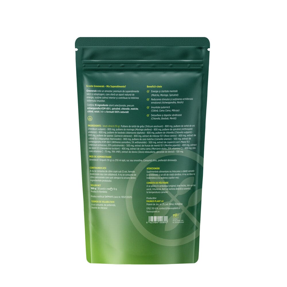 Greenerals - Amestec de superalimente naturale cu nutrienți esențiali pentru organism. Pudră 300g. Energie și vitalitate. Susține imunitatea și detoxifierea în mod natural cu un mix de verdețuri, superalimente și antioxidanți Supliment alimentar Faunus Plant
