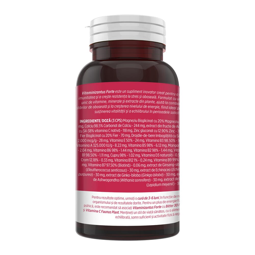 Flaconul de Capsule Vitaminizantus Forte de fotografiat din lateral stânga, cu detalii despre ingrediente, proprietăți, mod de utilizare.