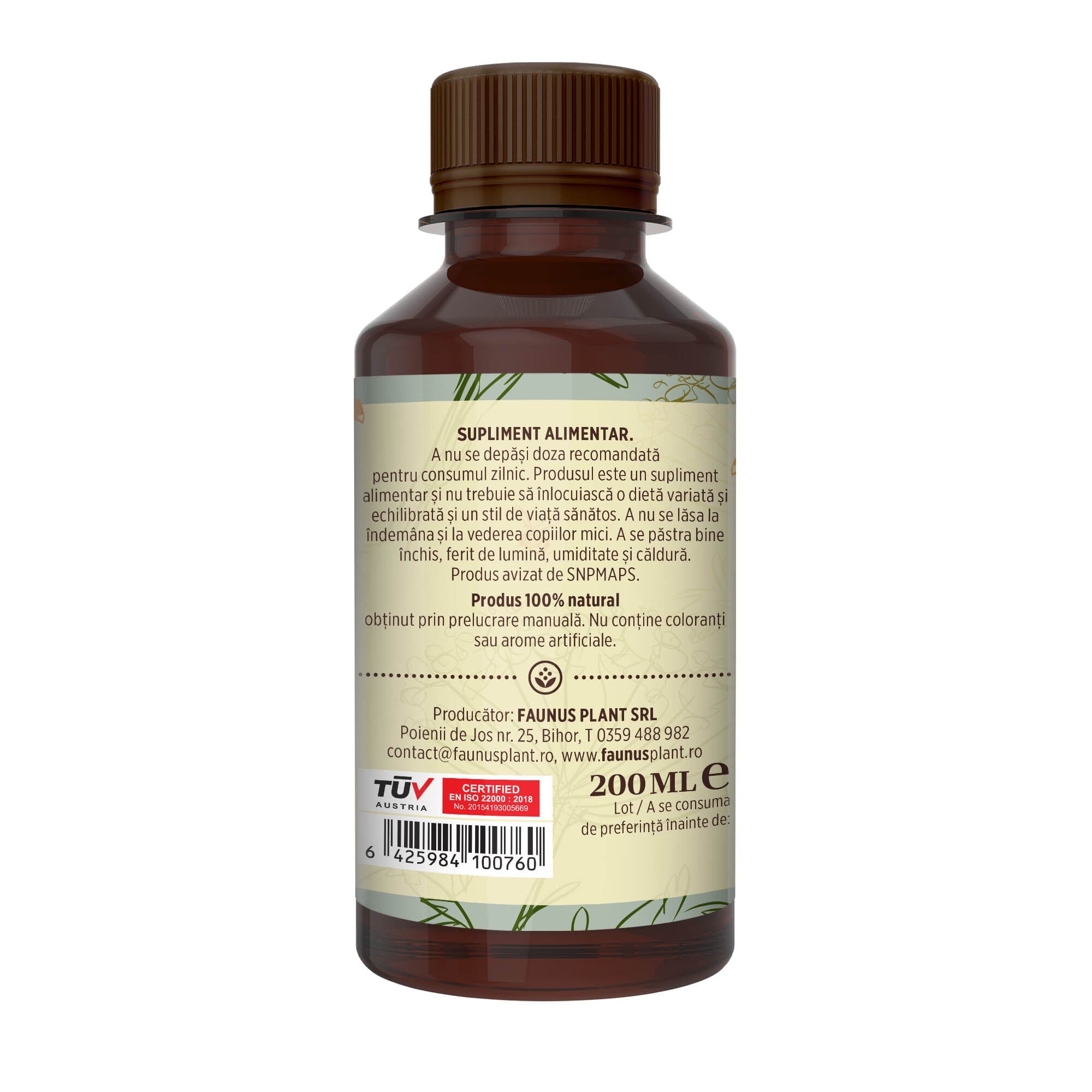 Flacon Sirop Respiratorus cu Miere și Propolis 200 ml fotografiat din dreapta, cu etichetă verde deschis care subliniază atât modul de administrare alături de precauții și atenționări, cât și codul de bare, logo TUV Austria și spațiul pentru data expirării.
