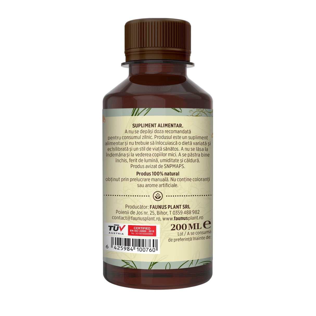 Flacon Sirop Respiratorus cu Miere și Propolis 200 ml fotografiat din dreapta, cu etichetă verde deschis care subliniază atât modul de administrare alături de precauții și atenționări, cât și codul de bare, logo TUV Austria și spațiul pentru data expirării.