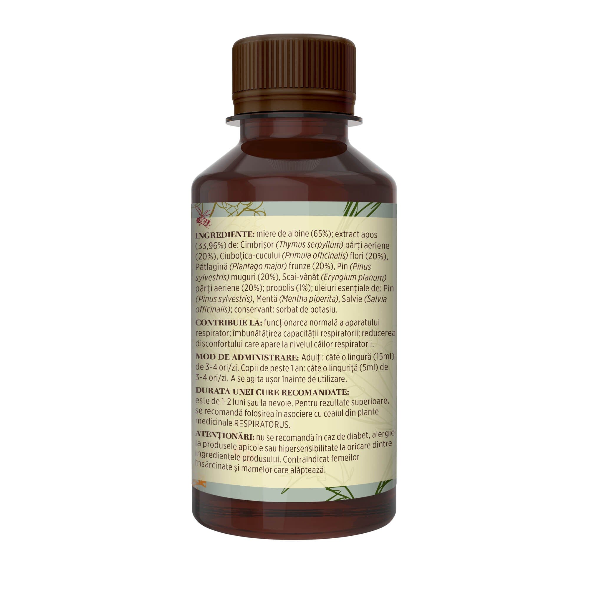 Imagine din lateral stânga al Siropului Respiratorus cu Miere și Propolis 200 ml, cu detalii despre ingrediente, proprietăți, mod de utilizare, dar și contraindicații
