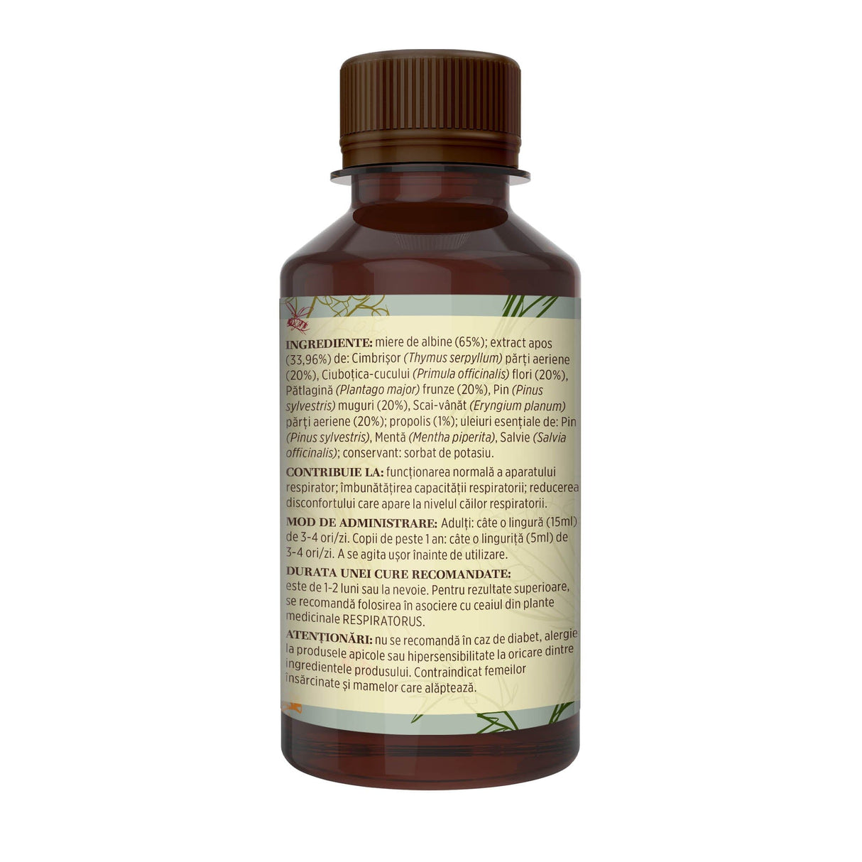 Imagine din lateral stânga al Siropului Respiratorus cu Miere și Propolis 200 ml, cu detalii despre ingrediente, proprietăți, mod de utilizare, dar și contraindicații